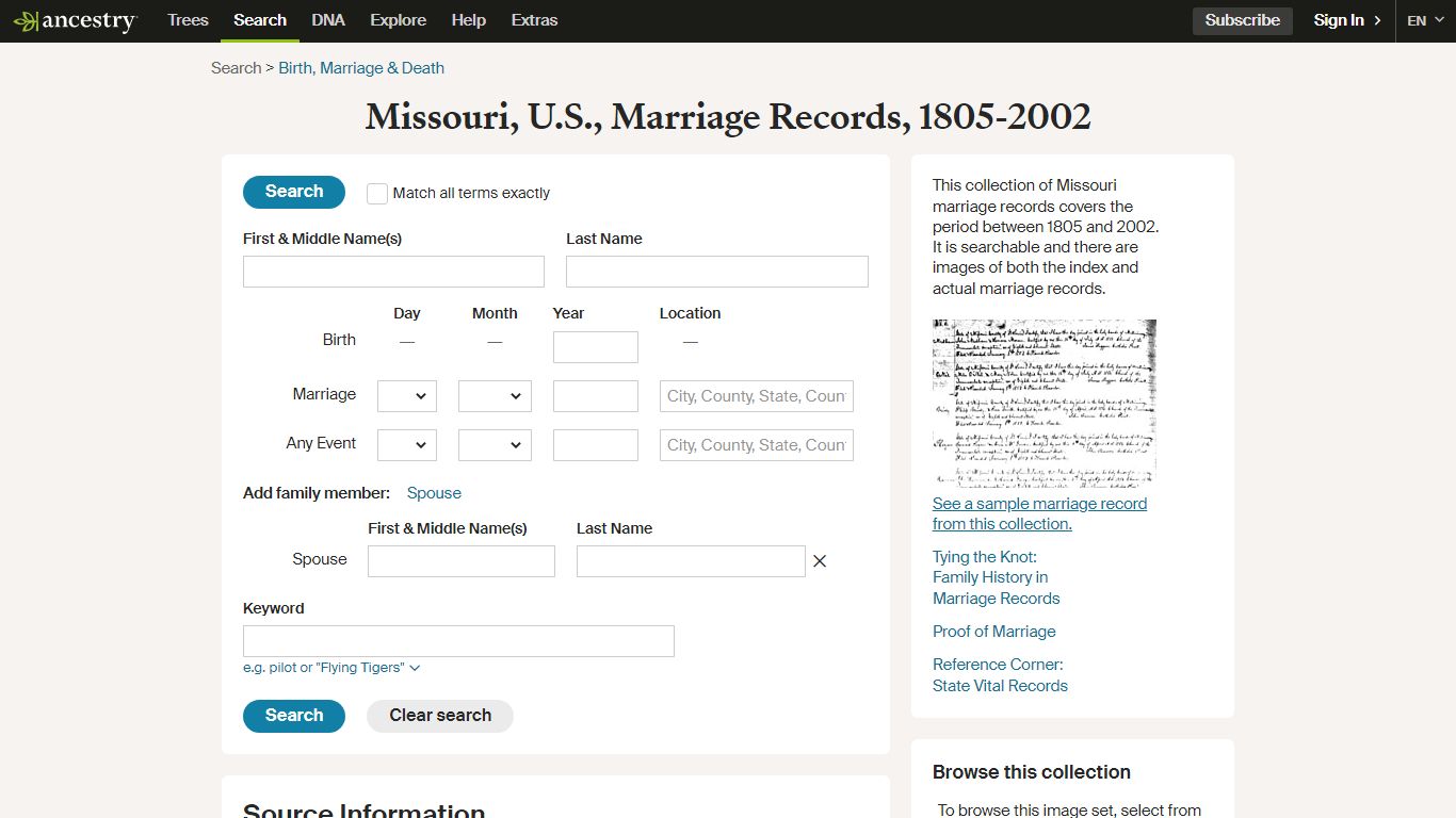 Missouri, U.S., Marriage Records, 1805-2002 - Ancestry.com