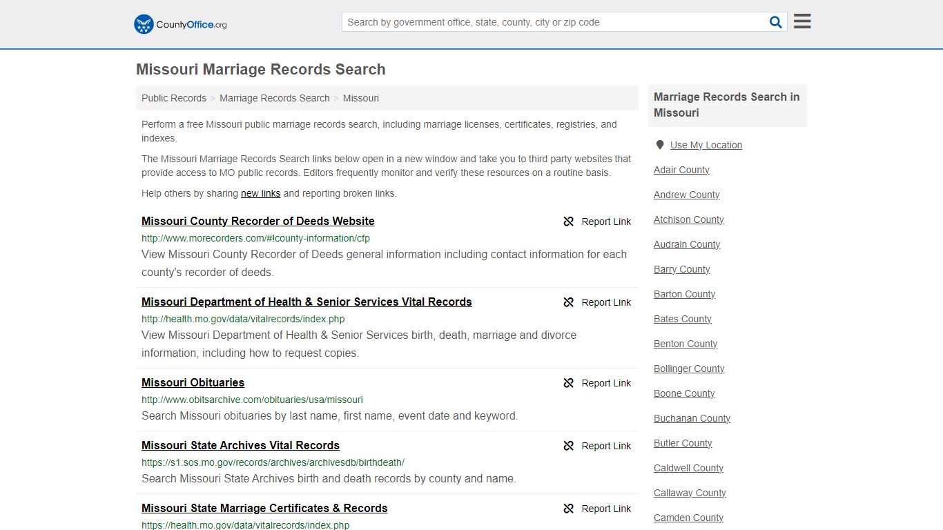 Missouri Marriage Records Search - County Office